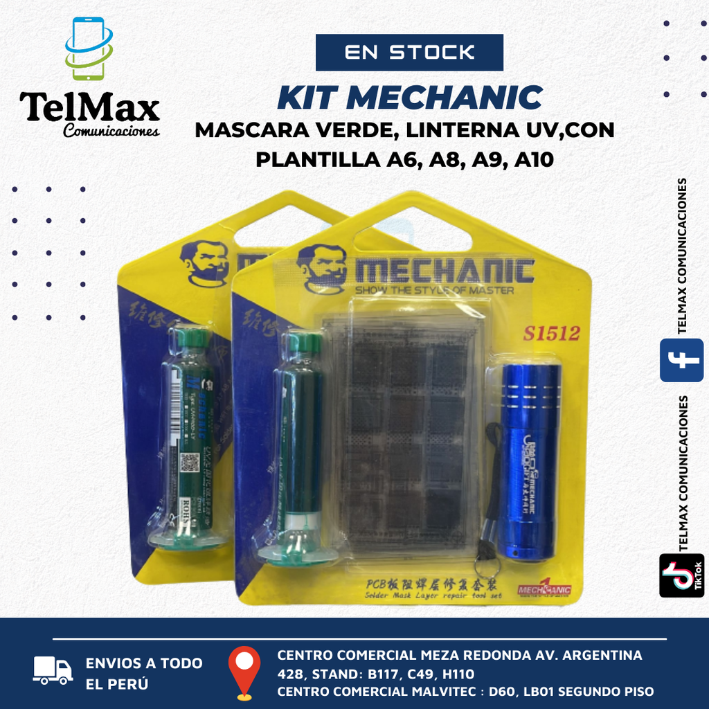 Máscara de soldadura Mechanic S1512, verde, 10 ml, con plantilla (A6, A7, A8, A9, A10), con linterna UV, UV