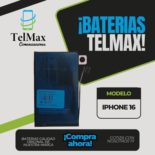 [BI1CFO] BATERIA IPHONE 16 (CON FLEX) (Original)